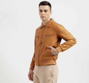 Men's Regular Fit Solid Metalic Zip Detail Jacket