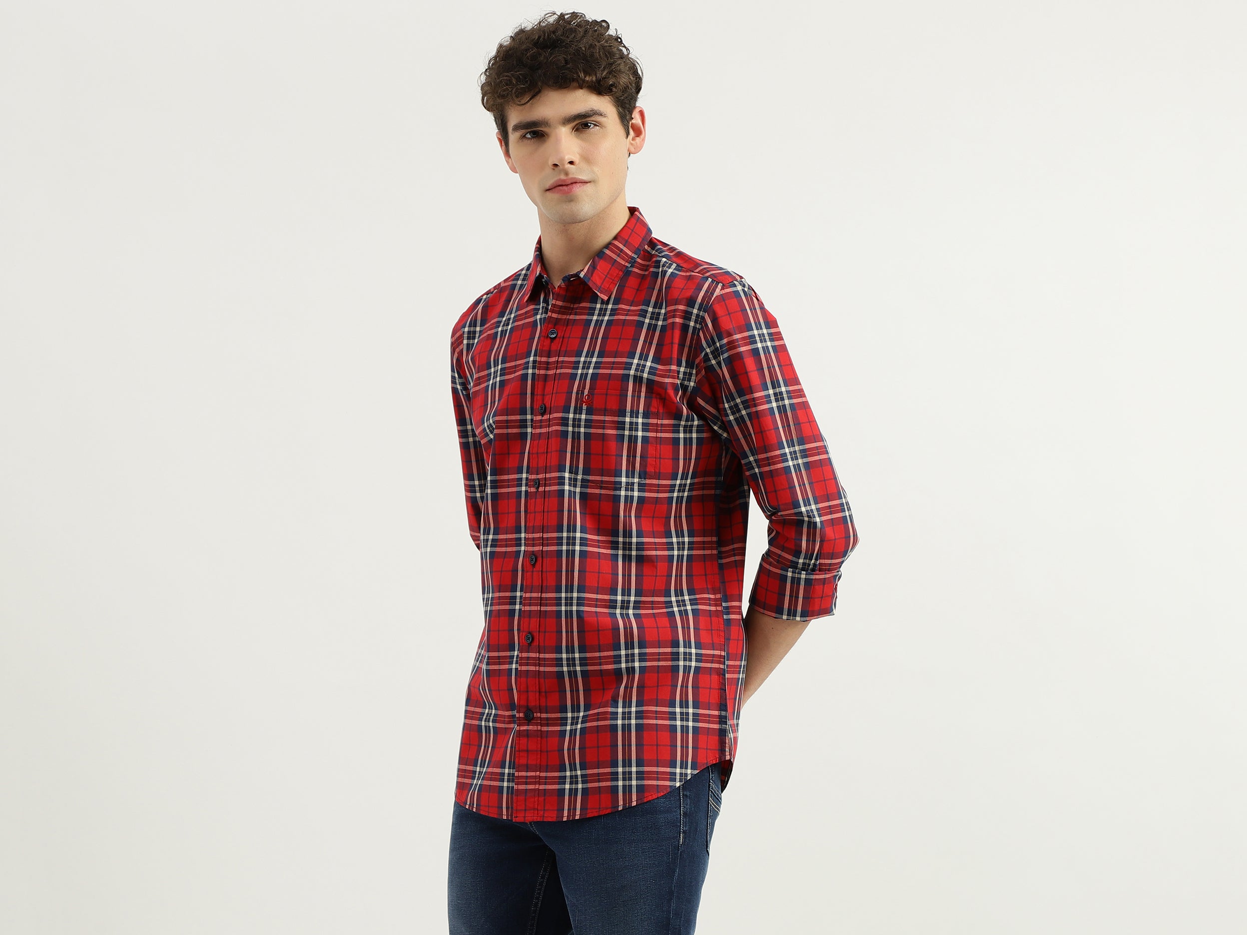 Slim Fit Spread Collar Checkered Shirt