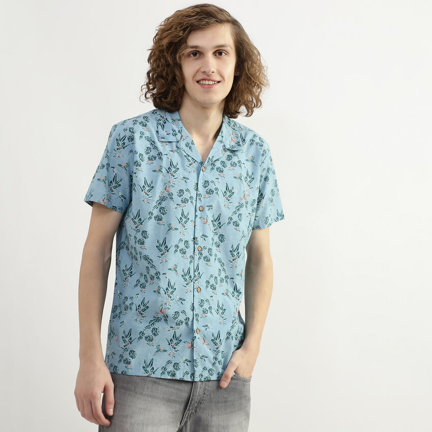 Men Printed Resort Collar Shirt - Blue | Benetton