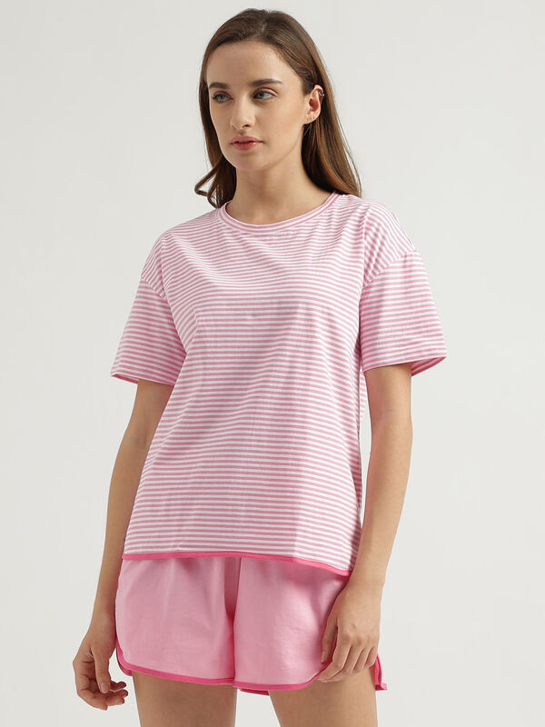 Regular Fit Round Neck Striped T-Shirt with Solid Colour Shorts Set