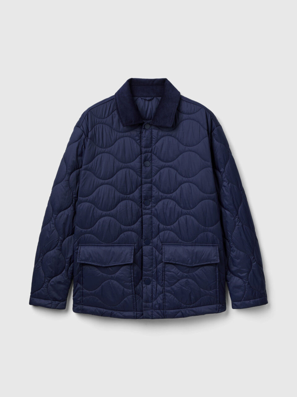 Relaxed Fit Button Down Quilted Jacket - Blue | Benetton