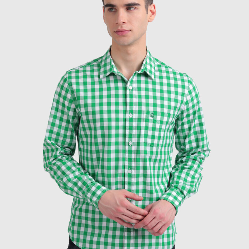 Peached Poplin Checks Shirt - Green | Benetton