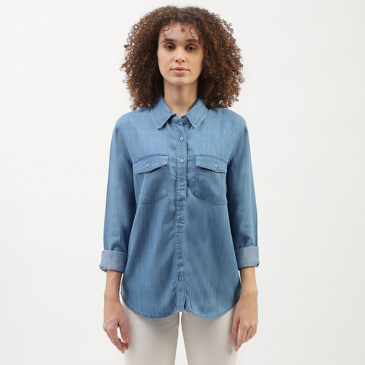 Regular Fit Spread Collar Solid Pattern Shirt - Blue | Benetton