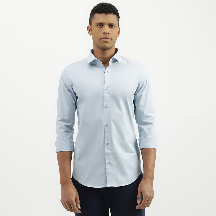 Slim Fit Spread Collar Solid Shirt - Blue | Benetton