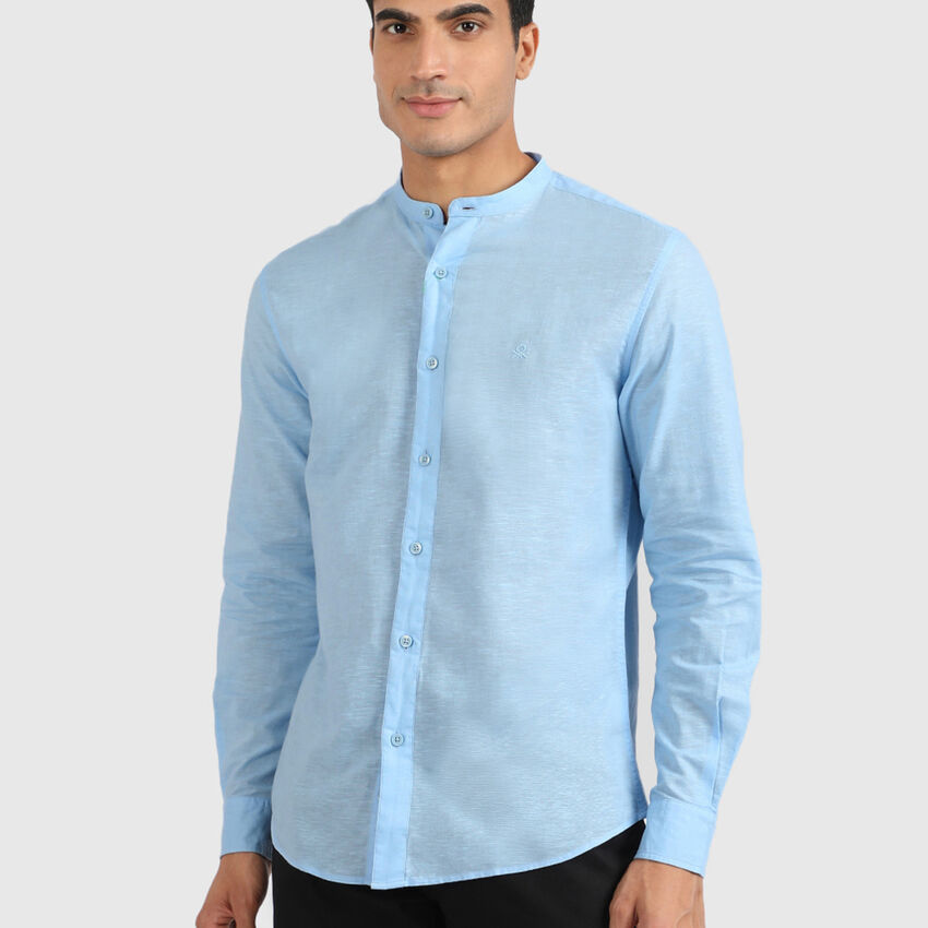 Linen Blend Mandarin Collar Cotton Shirt - Sky Blue | Benetton