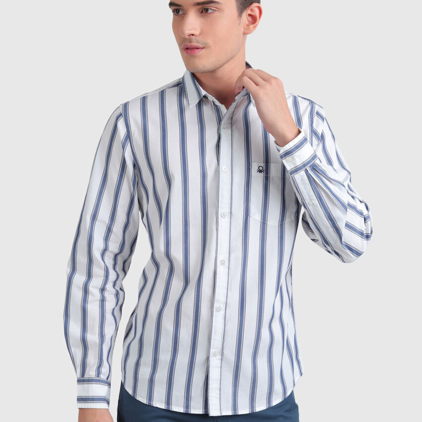 Cotton Peached Poplin Striped Shirt - Bright Blue | Benetton