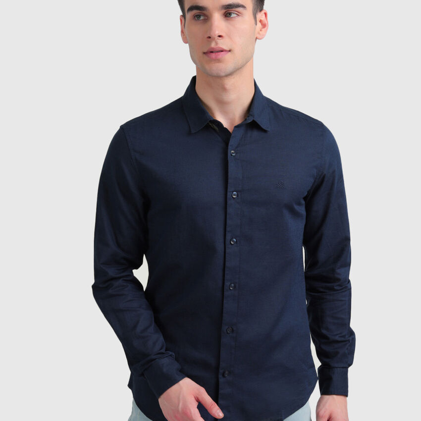 Linen Long Sleeve Shirt - Blue | Benetton