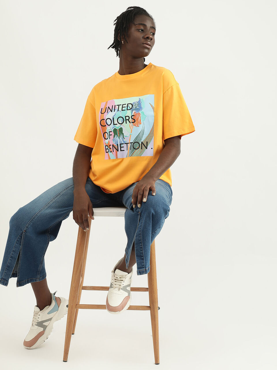 Printed Benetton Round Orange T-shirt Neck Women | -