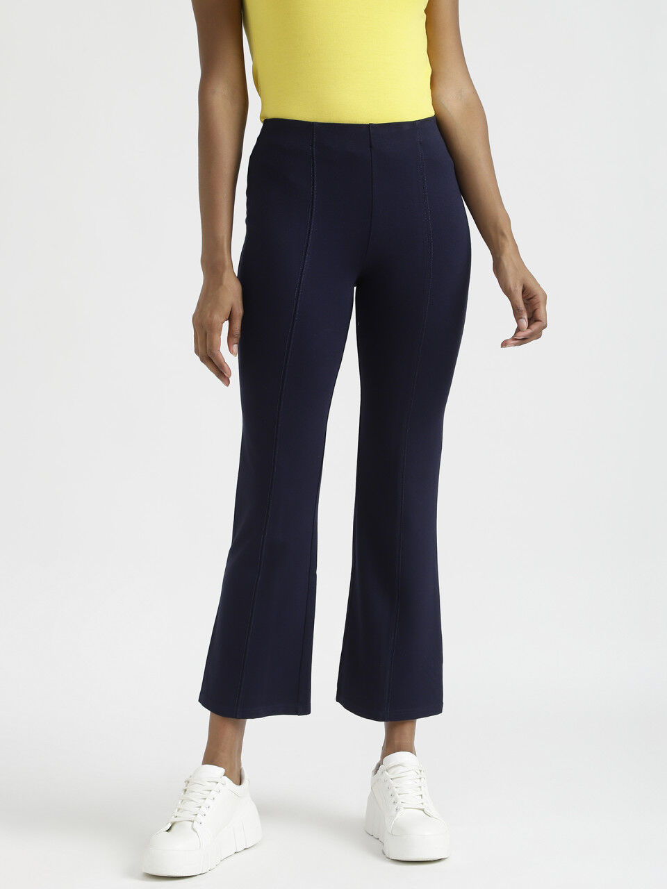 Mid Rise Ankle Length Navy Trouser-Solid