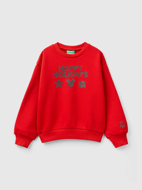 Comfortable Fit Crew Neck Micky Mouse Print Red Sweatshirt