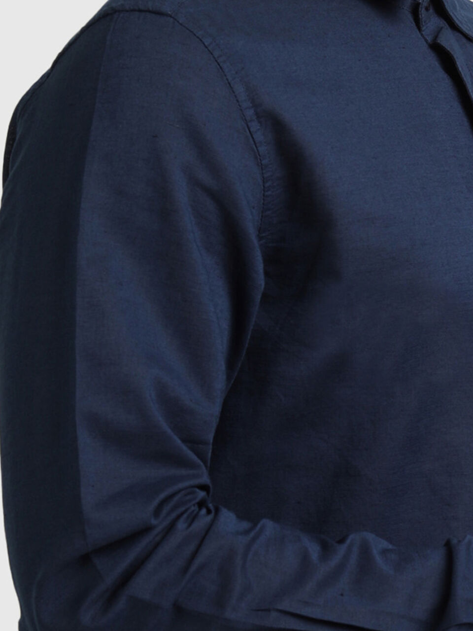 Linen Long Sleeve Shirt - Blue | Benetton