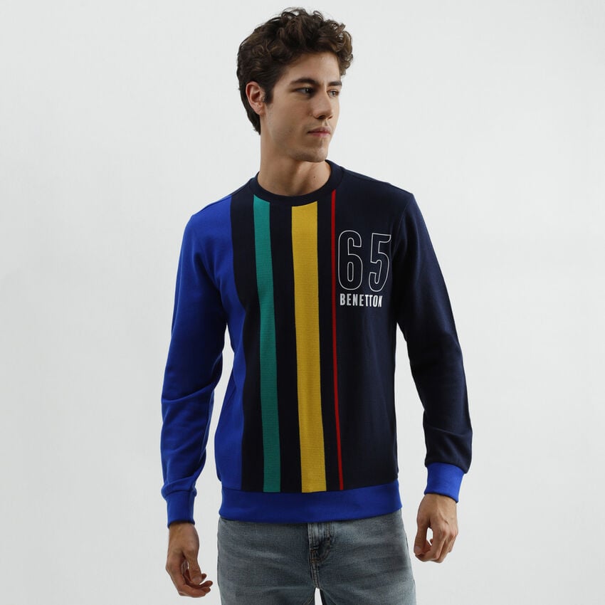 United Colors of Benetton Mens Blue Striped Round Neck Sweatshirt