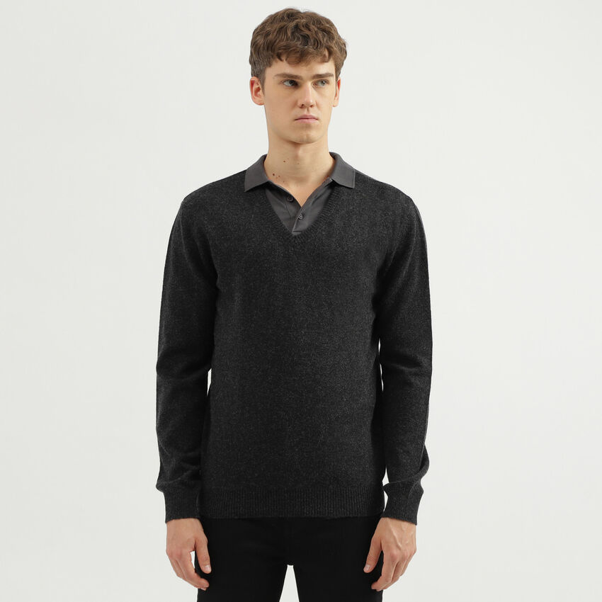 Men's Regular Fit V-Neck Solid Sweater - Beige | Benetton