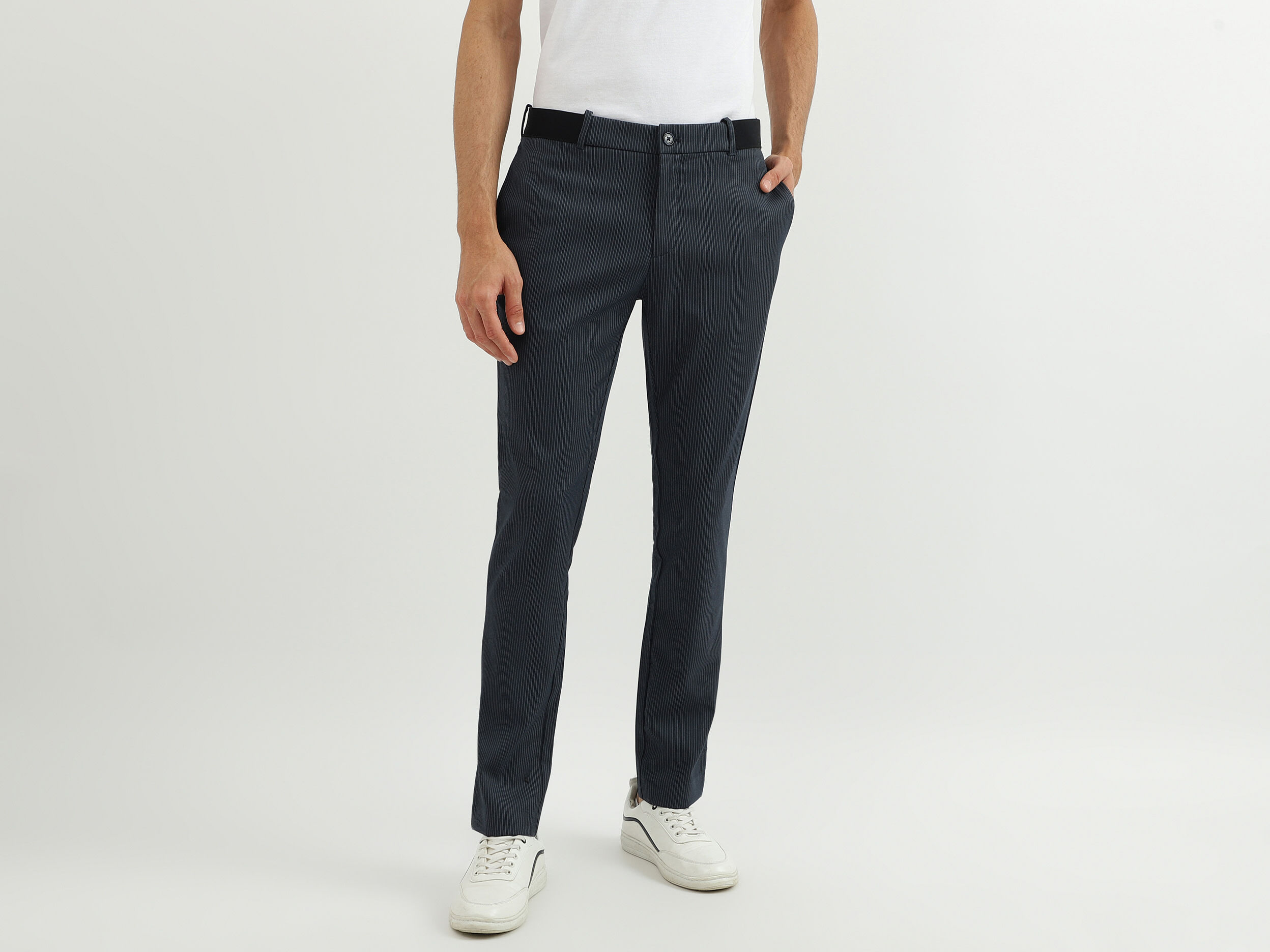 Shop WES Formals Striped Navy Carrot Fit Trousers Online  Westside