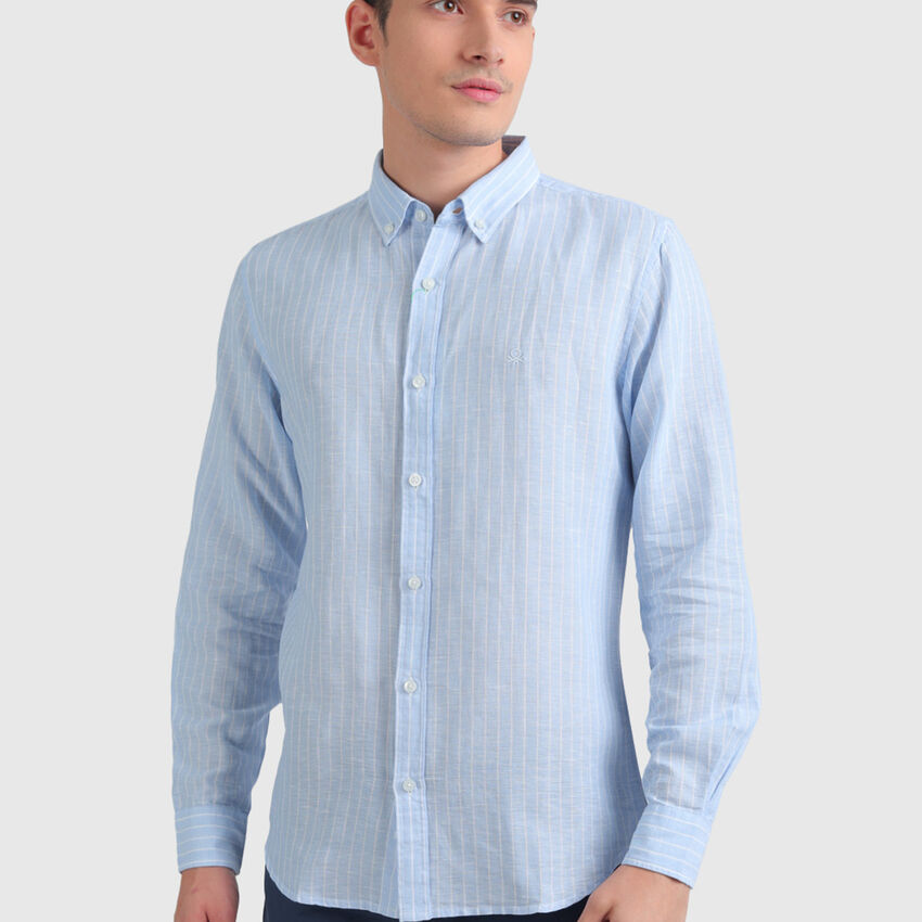 Linen Striped Shirt with Long Sleeves - Sky Blue | Benetton