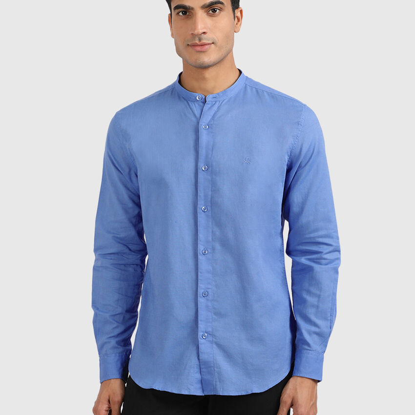 Linen Blend Mandarin Cotton Shirt - Blue | Benetton