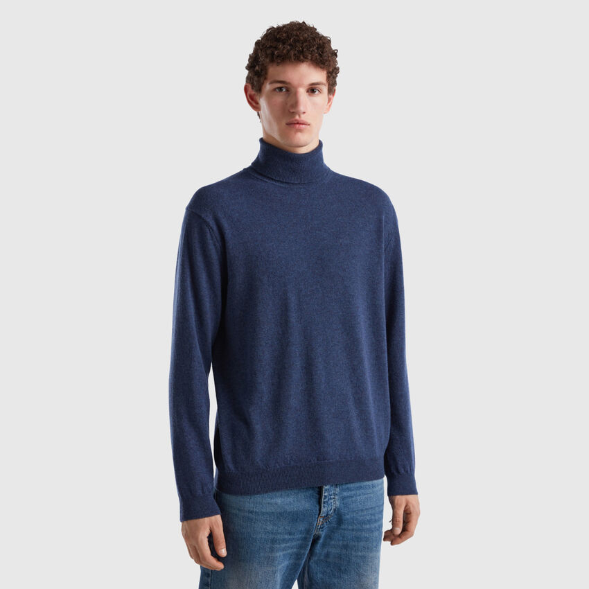 Regular Fit Turtle Neck Solid Sweater - Blue | Benetton