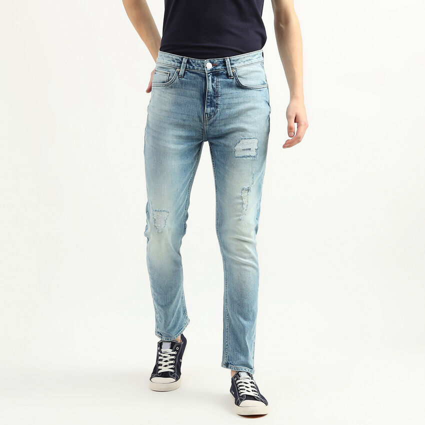 Men Solid Carrot Fit Jeans - Blue | Benetton