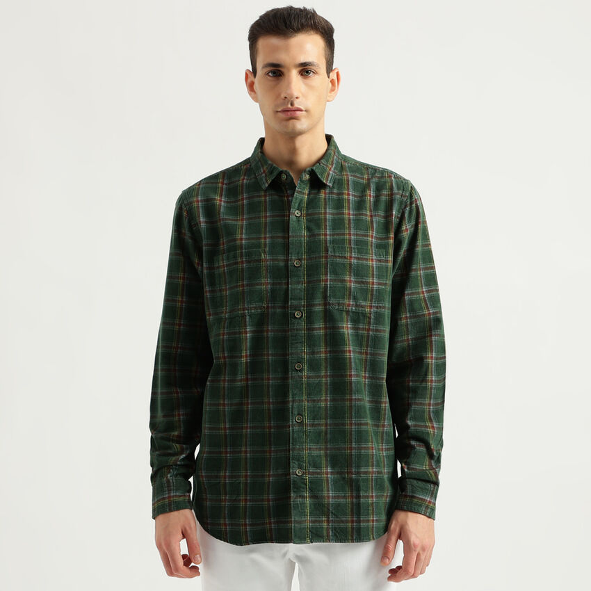 Men's Regular Fit Spread Collar Checked Shirts - Green | Benetton