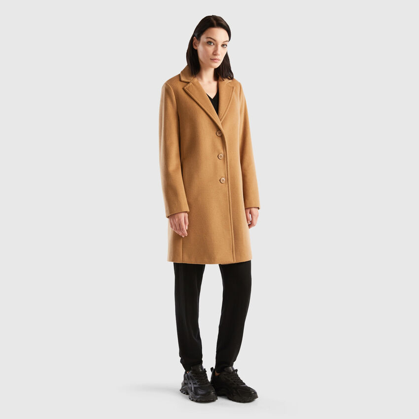 Relaxed Fit Button Down Solid Longline Coat - Brown | Benetton