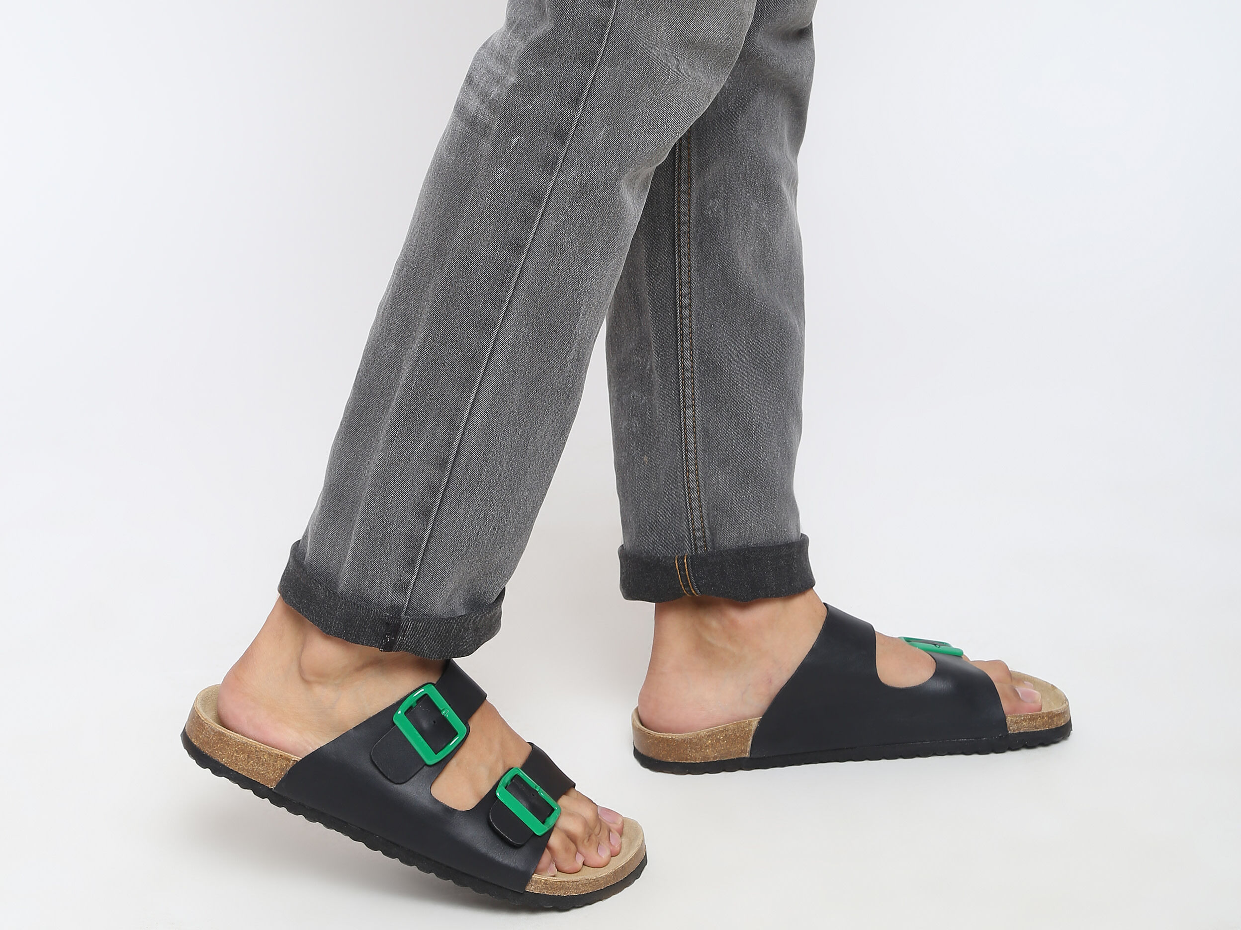 COFACE Men's Leather Flat Sandals Fashion Cork Sandals for Men Beach Slides  Sandals with Arch Support