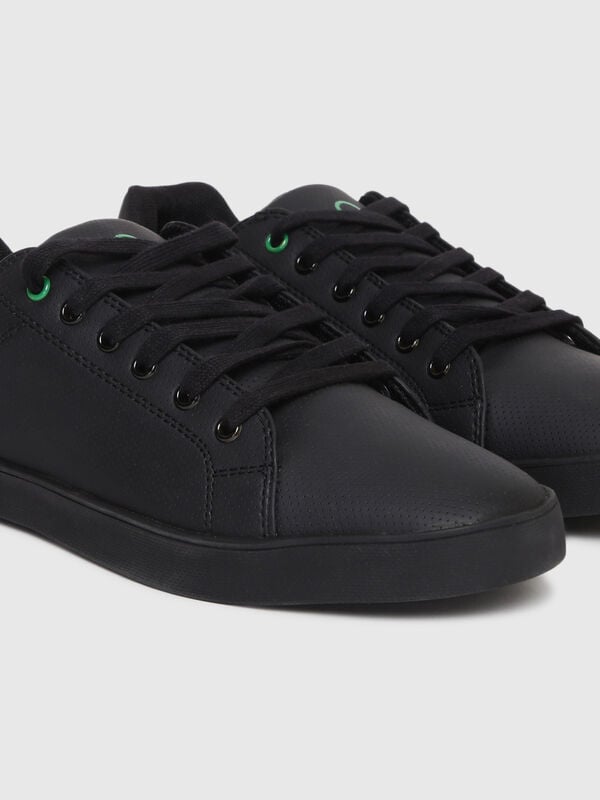 Benetton Black Leather Textured Sneakers