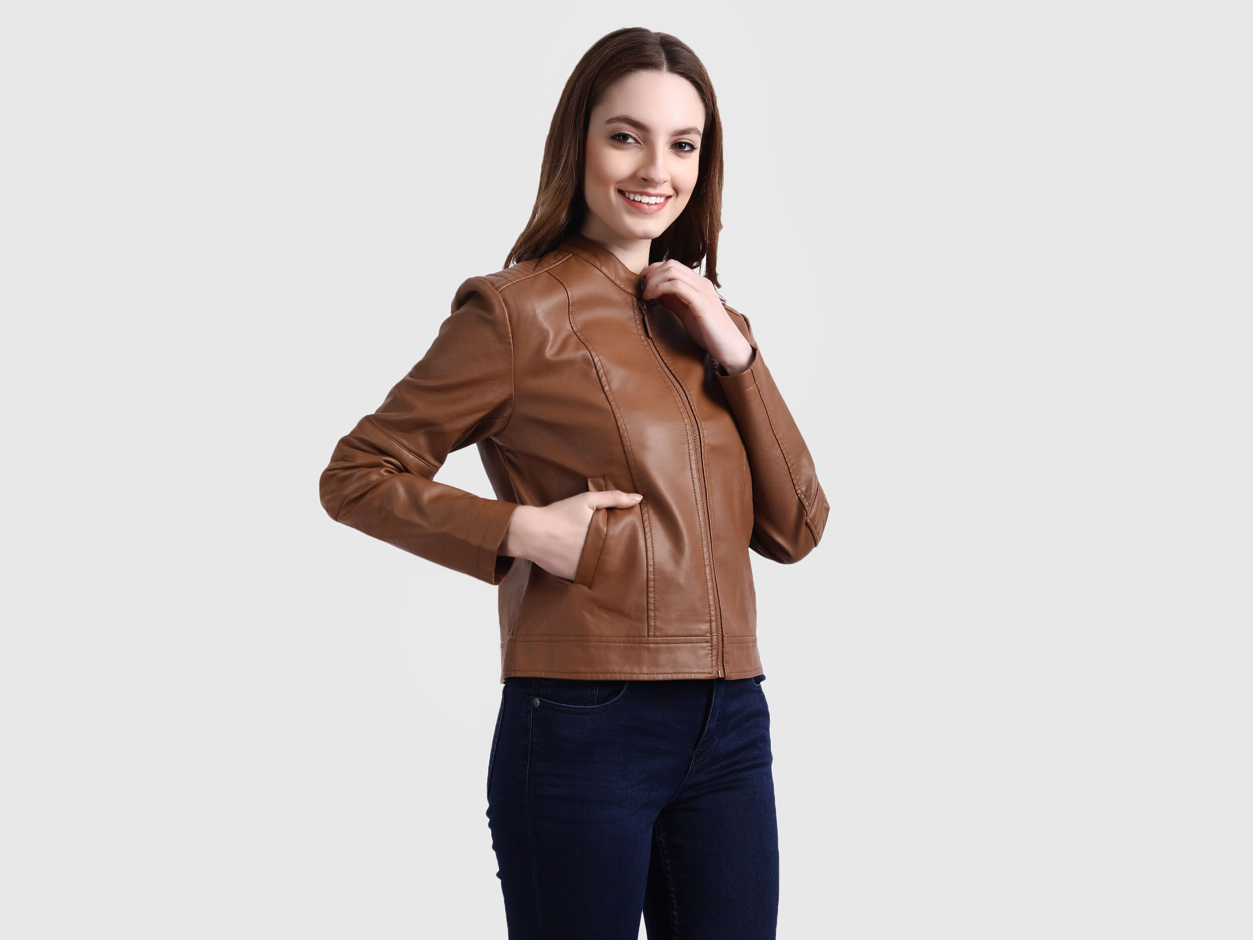 UNITED COLORS OF BENETTON biker style brown butter soft leather jacket lady  S | eBay