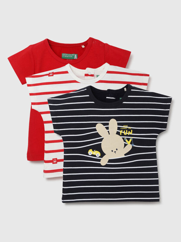Round Neck Printed and Striped Baby T- Shirts - Pack of 3