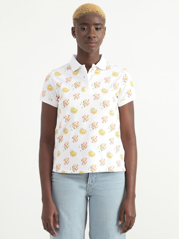 Cotton Blend Printed Polo Neck Women T-shirts