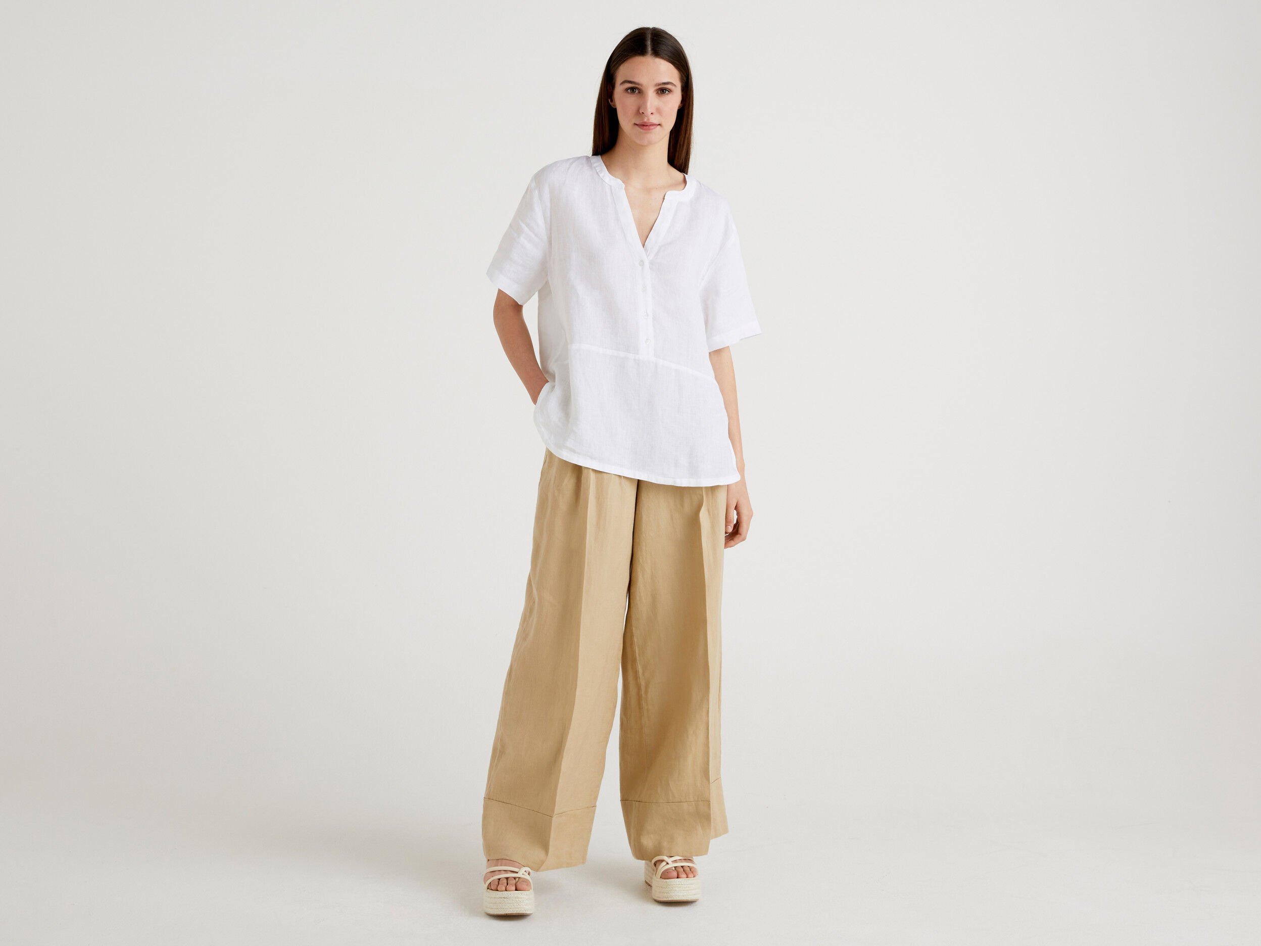 Buy United Colors Of Benetton Women White Linen Blend Wide Leg Trousers   Trousers for Women 255512  Myntra