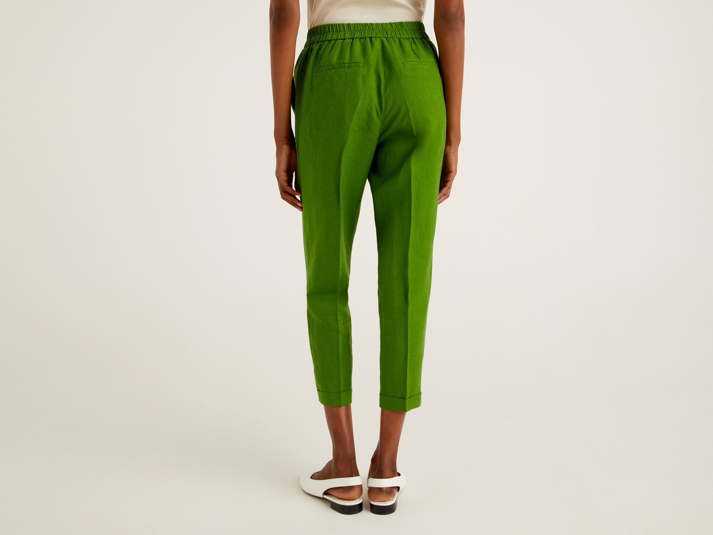 Trousers in pure linen with drawstring  Military Green  Benetton