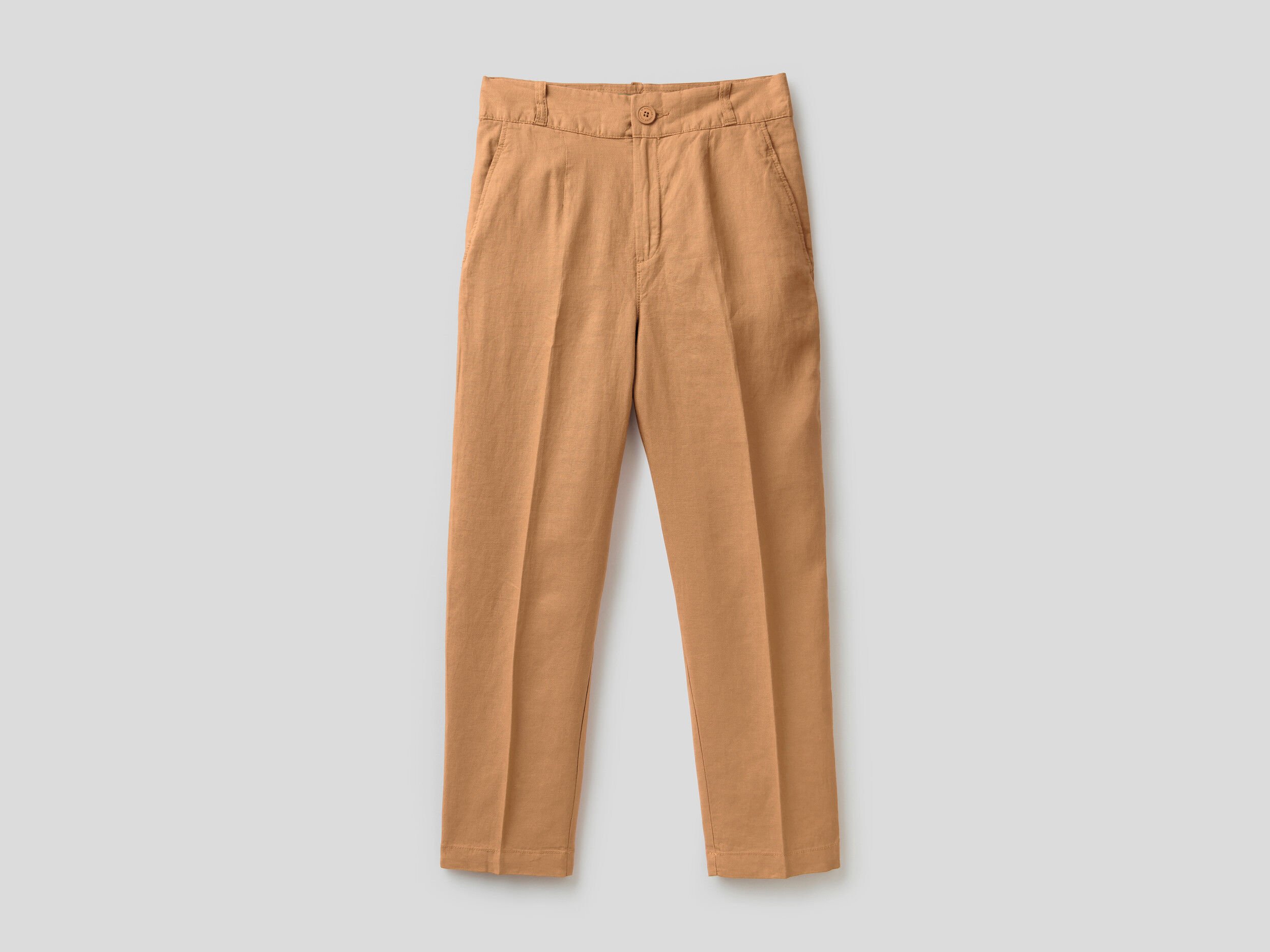 Trousers in pure linen with ruffled waist  Green  Benetton