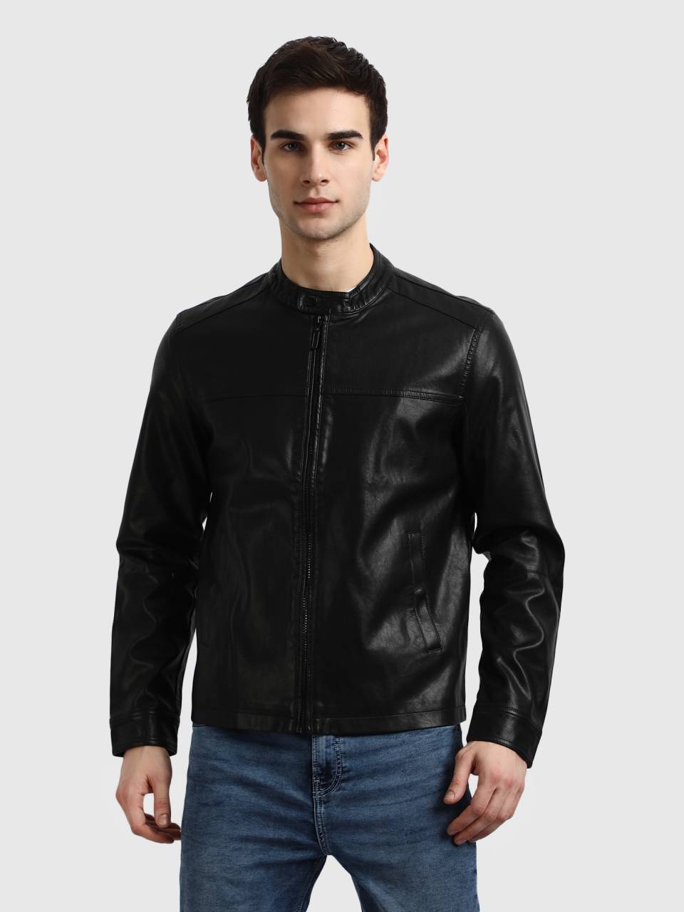 Relaxed Fit Zip Up Solid Leather Jacket - Black | Benetton